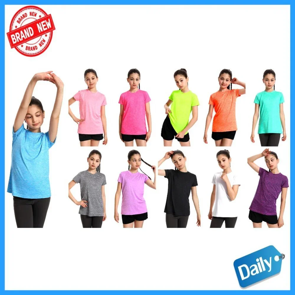 5 Pack Girls Athletic Shirts Quick Dry Sports Tees Short Sleeve Crew Neck